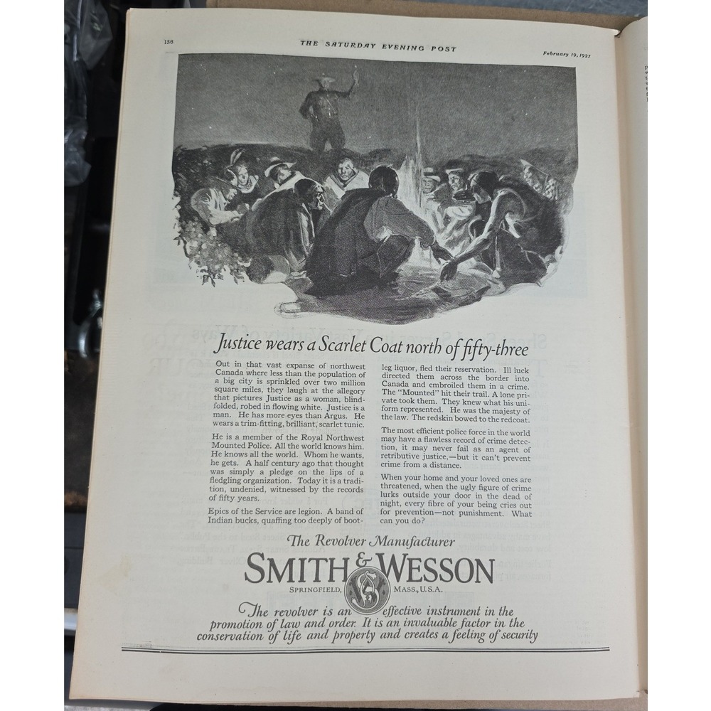 1927 nice Smith Wesson Revolver Advertisement Justice Scarlet Coat